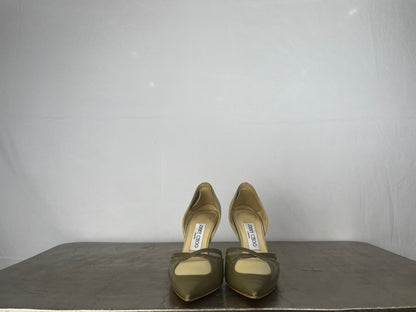 Jimmy Choo Sage Green & Beige Yellow Colorblock Pointed Toe Cross Strap Pumps