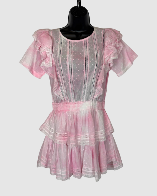 LoveShackFancy Pink White Tie-Dye Ruffle Short Sleeve Mini Dress NWT
