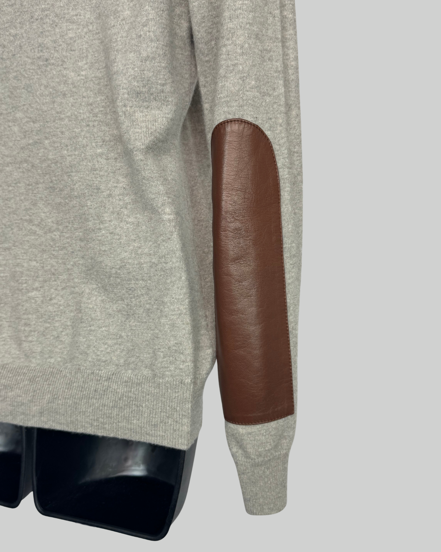 Ralph Lauren Cashmere Grey Sweater w Brown Leather Elbow Detail
