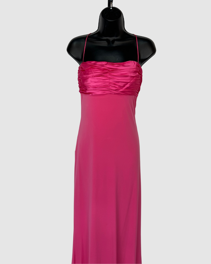 Mary L Couture Satin Hot Pink Sleeveless Ruched Detail Fitted Gown w Ribbon Cutout Back