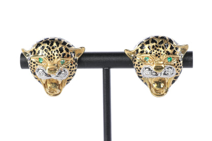 18K Yellow Gold Leopard Head Earrings with Pave Diamond Accents & Emerald Eyes