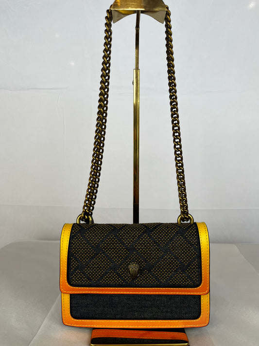 Kurt Geiger Denim & Orange Stud Mini Flap Bag w Crossbody Chain NWT