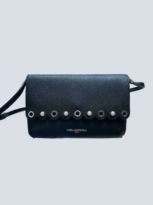 Karl Lagerfeld Leather Cross Body Bag w/ Pearl & Gold Grommet Details