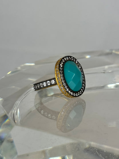 Freida Rothman Oval Aqua Diamond & Gold Ring