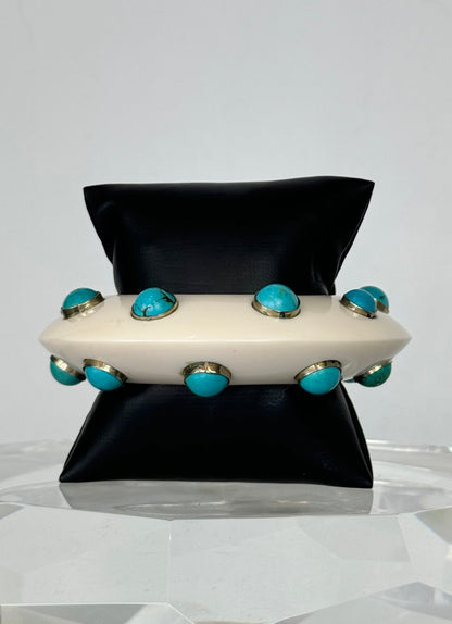 Handcrafted Cream Thick Bangle w Turquoise Stones