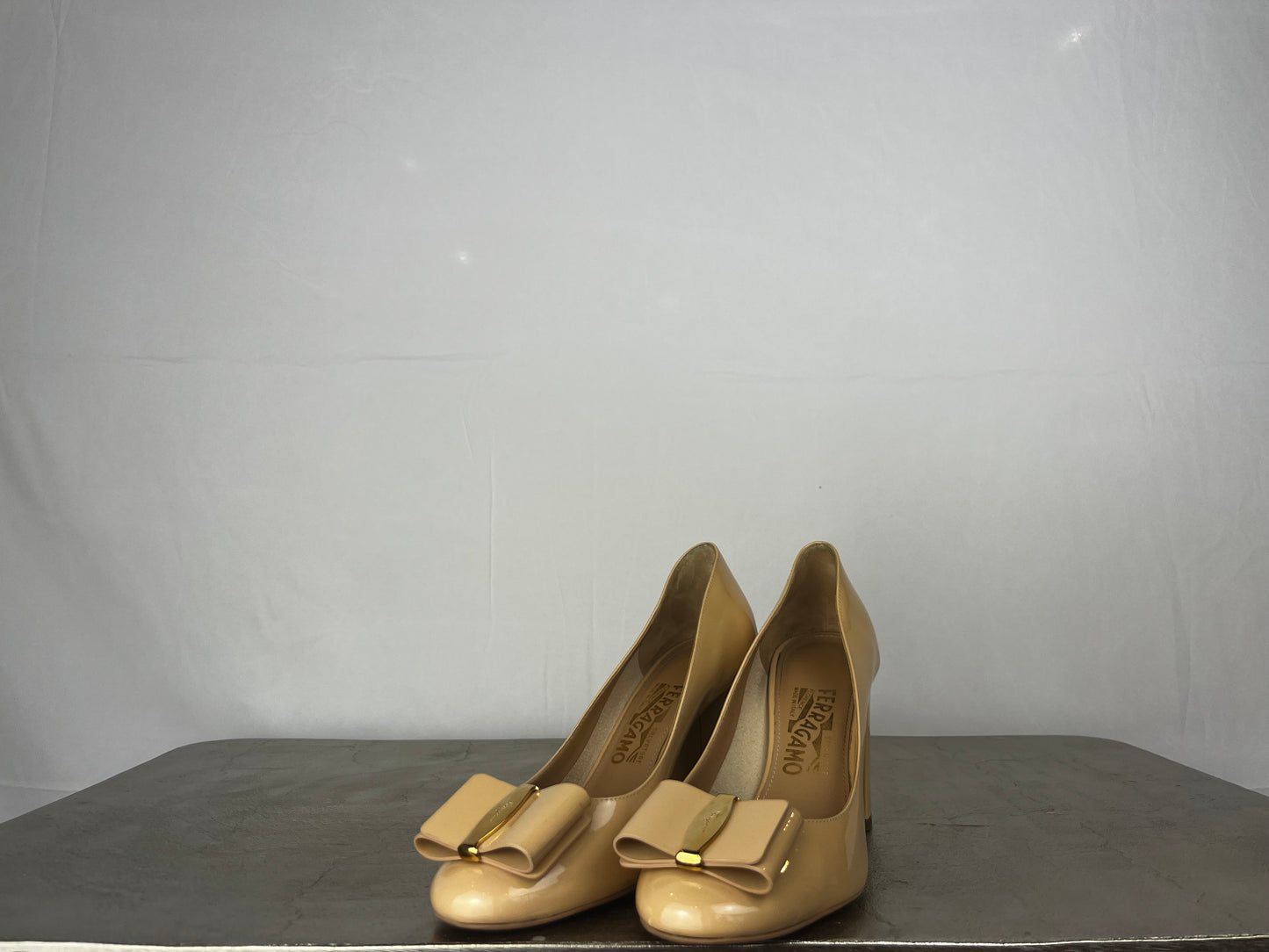 Ferragamo Nude Round Toe Pumps w/ Toe Bow