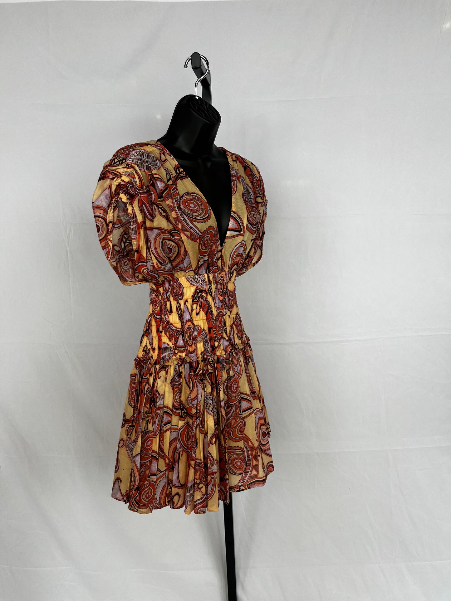ALC Yellow & Orange Paisley Ruched Cap-Sleeve Smocked Mini Dress