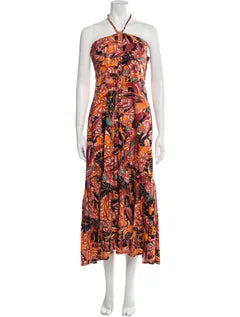 ALC Multi Orange Floral Halter-Neck Gathered Top Chiffon Midi Dress NWT