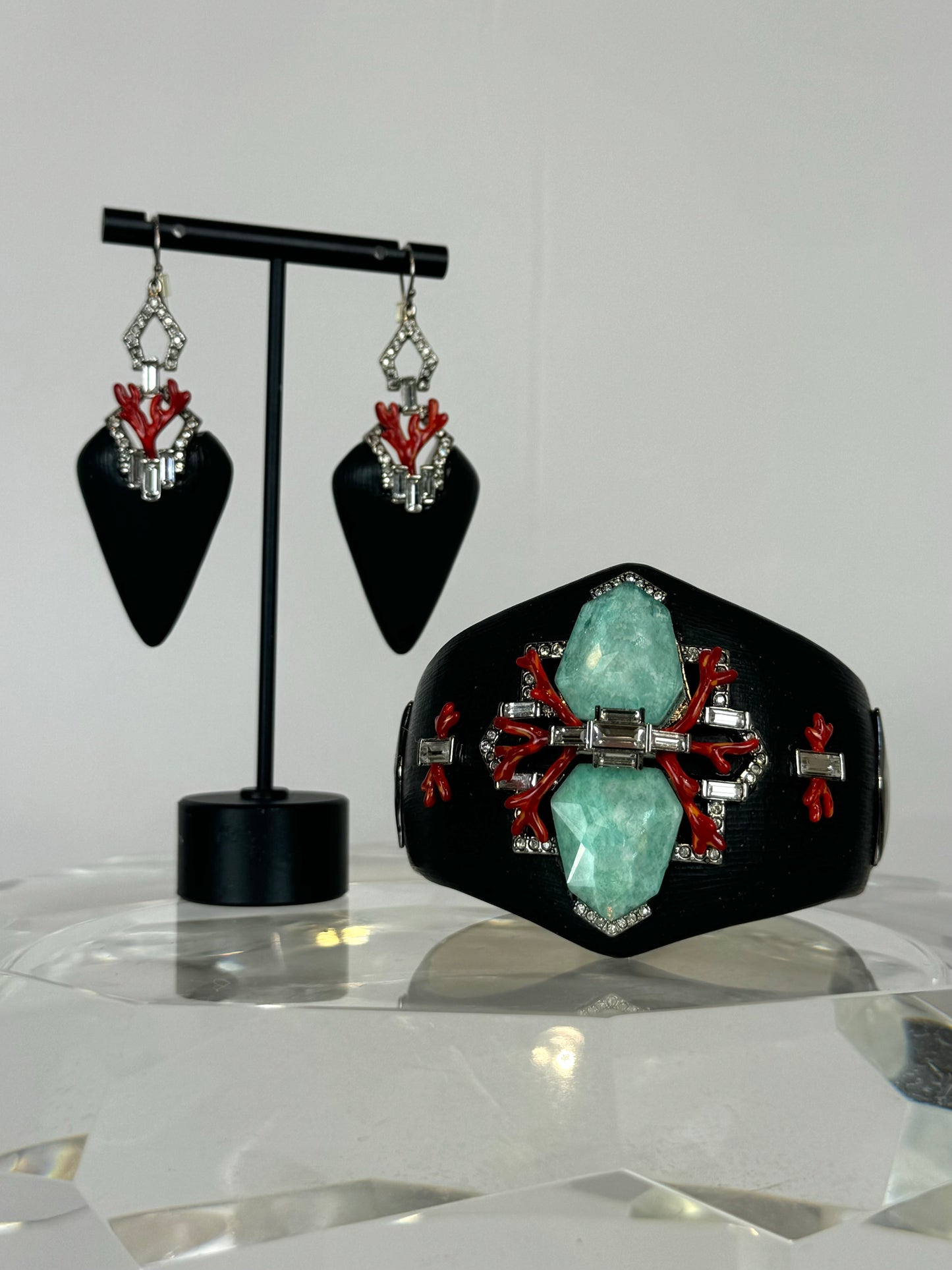 Alexis Bittar Black Matte Red & Crystal Triangle Dangle Earrings (Matching Cuff)
