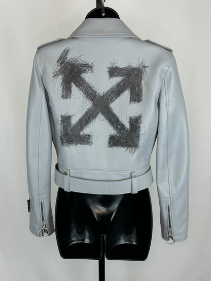 Off-White Leather Grey-Blue Moto jacket w Silver Hardware