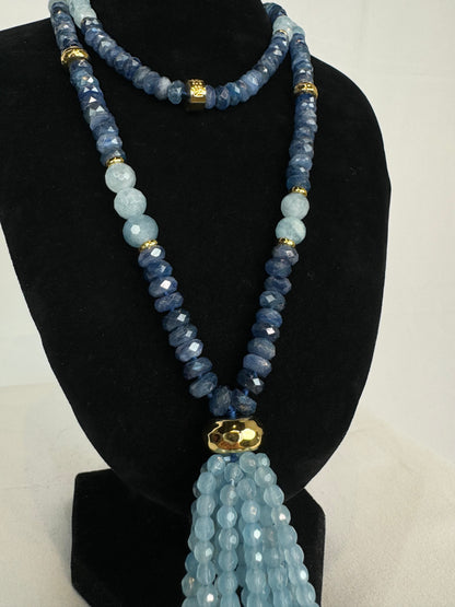 Nest Aquamarine Stone & Bead Double Tassel Strand Necklace