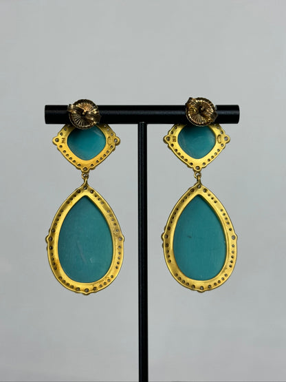 Freida Rothman Aqua 2 Tier Drop Earrings w Diamond & Gold Detail
