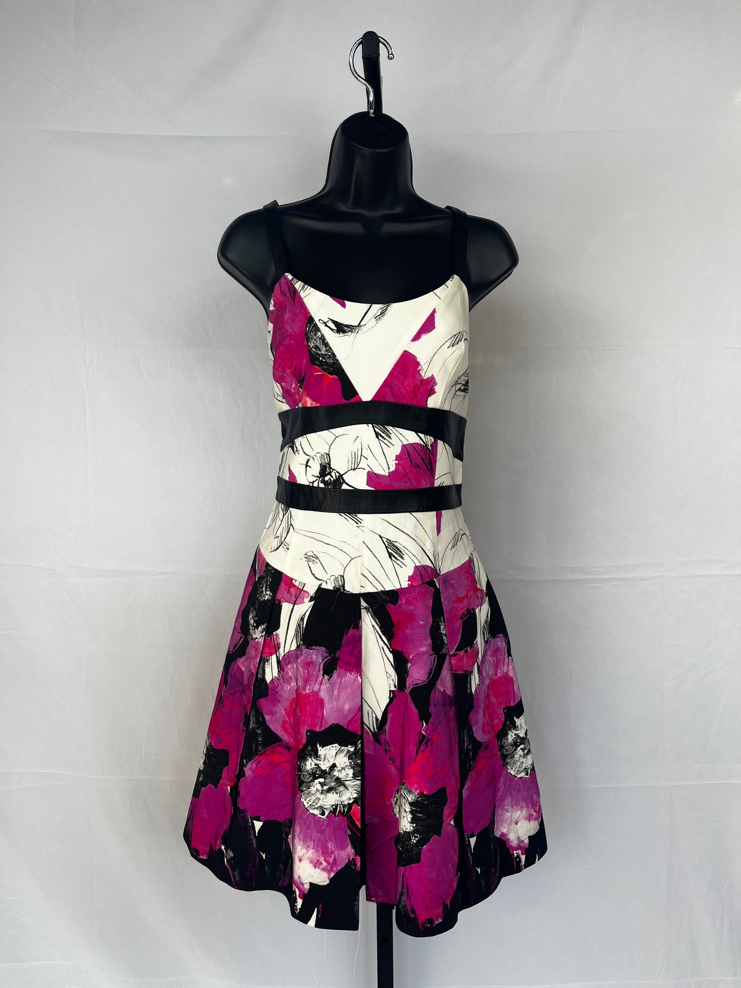Milly White Pink & Black Floral Sleeveless Pleated Knee-Length Dress w Leather Stripe Detail