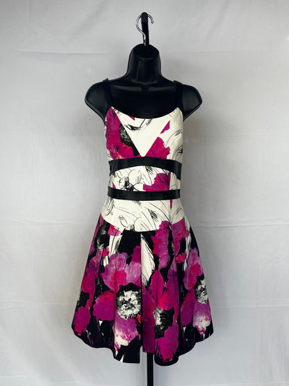 Milly White Pink & Black Floral Sleeveless Pleated Knee-Length Dress w Leather Stripe Detail