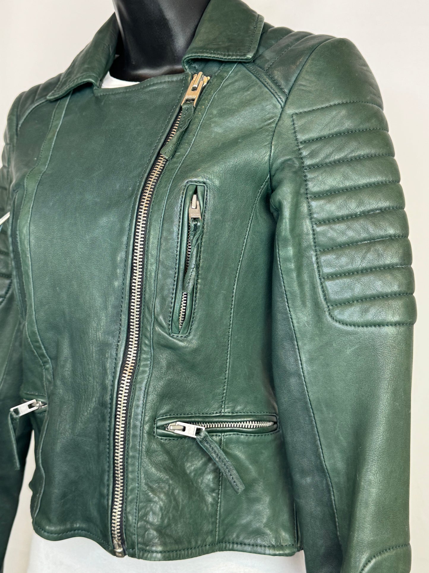 All Saints Dark Green Leather Quilt Detail Zip Up Moto Jacket