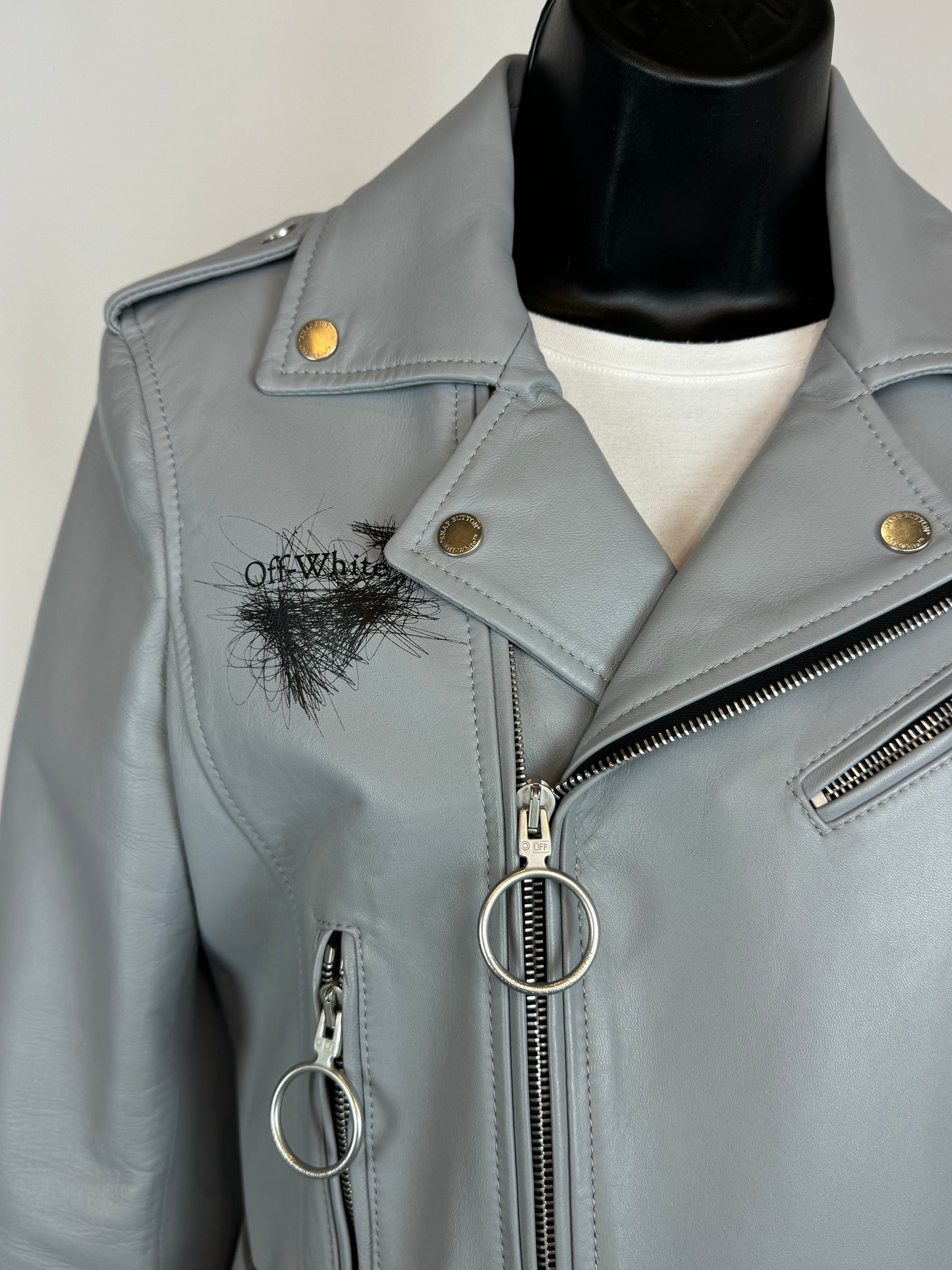 Off-White Leather Grey-Blue Moto jacket w Silver Hardware