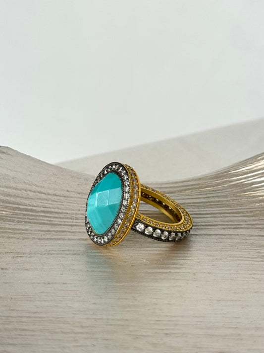 Freida Rothman Oval Aqua Diamond & Gold Ring