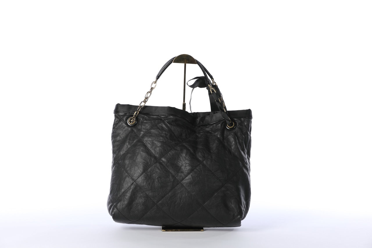 Lanvin Black Leather Diamond Stitch Bow Tie Tote