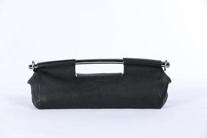 Prada Black Leather Clutch w Two Metal Top Handle Bars & Ring Clasp