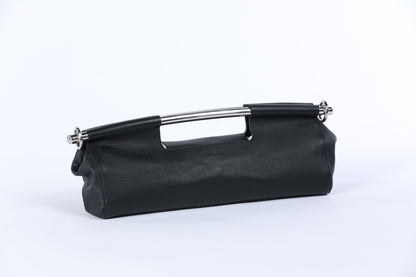 Prada Black Leather Clutch w Two Metal Top Handle Bars & Ring Clasp