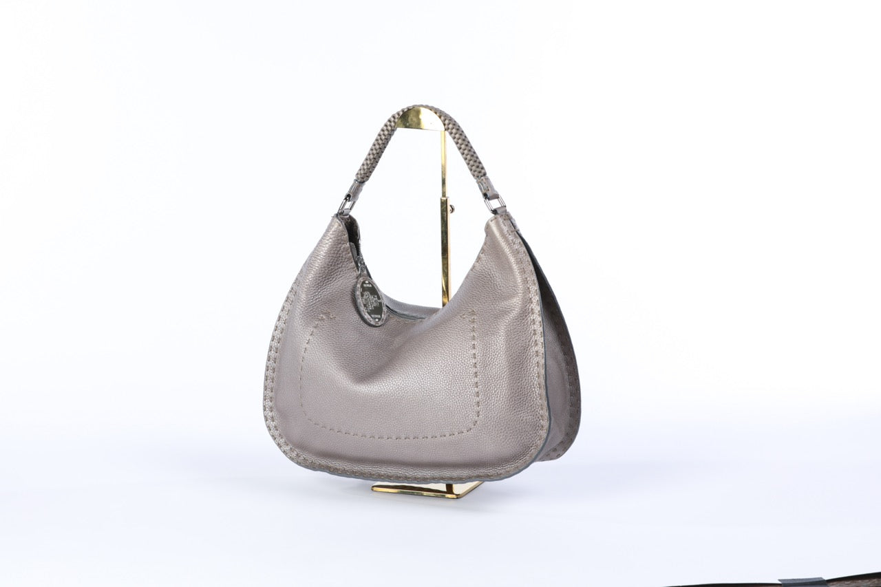 Fendi Metallic Silver Leather Single Strap Shoulder Bag w Woven Handle & Bag Charm