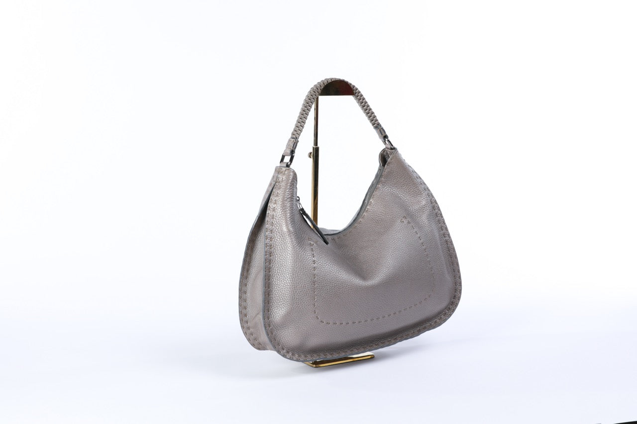 Fendi Metallic Silver Leather Single Strap Shoulder Bag w Woven Handle & Bag Charm