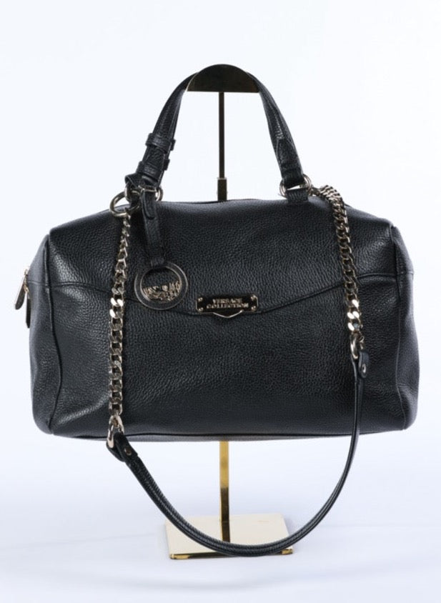 Versace Collection Black Pebbled Leather Vitello Stampa Alce Bowling Bag w Gold Hardware