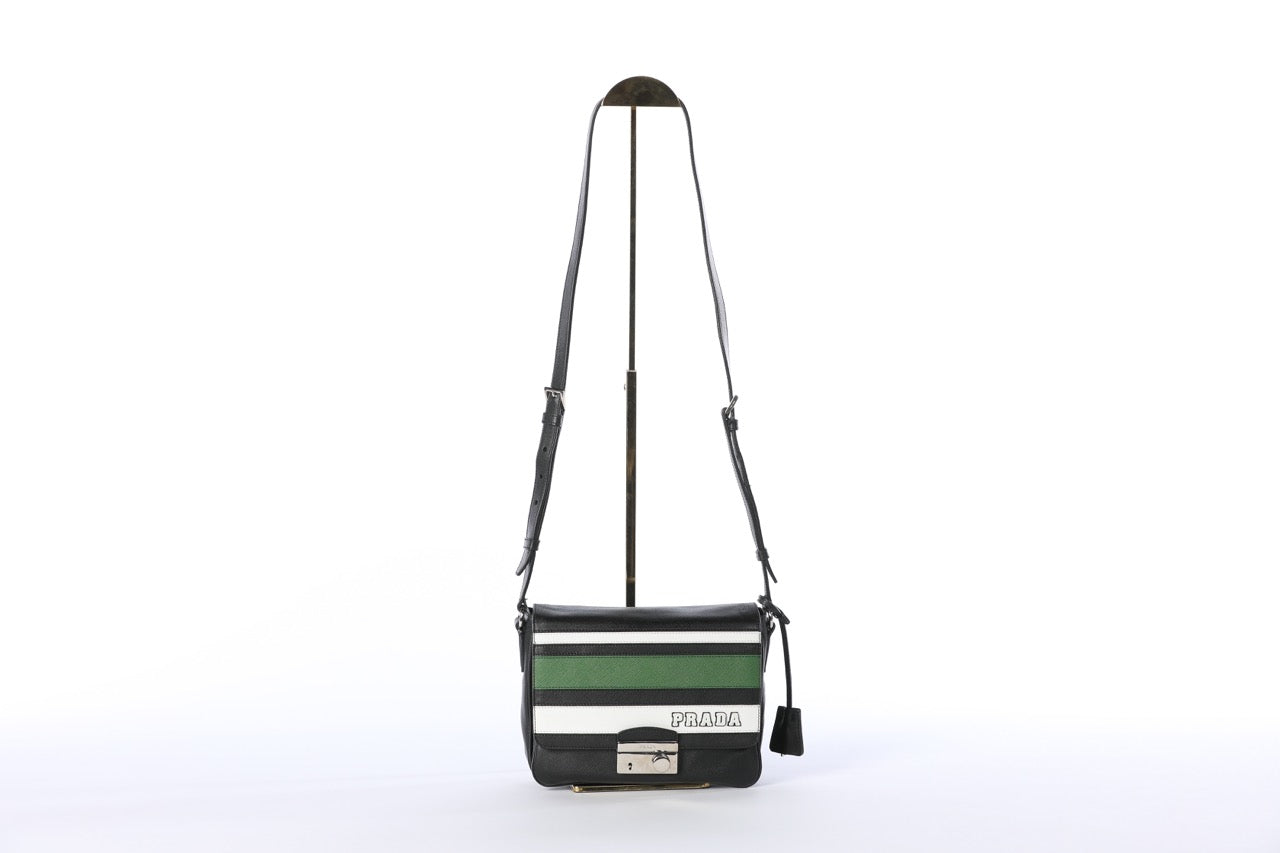 Prada S/S 2011 Green, Black, & White Saffiano Leather Striped Messenger Bag