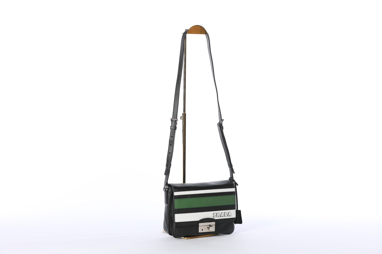 Prada S/S 2011 Green, Black, & White Saffiano Leather Striped Messenger Bag