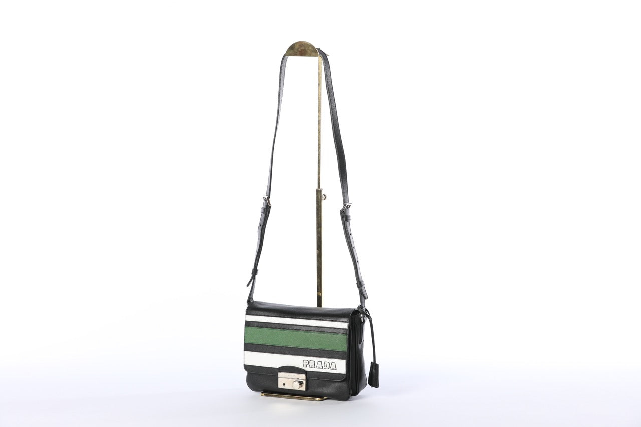 Prada S/S 2011 Green, Black, & White Saffiano Leather Striped Messenger Bag