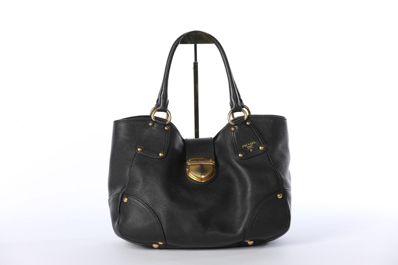 Prada Black Vitello Daino Shoulder Bag w Gold Hardware