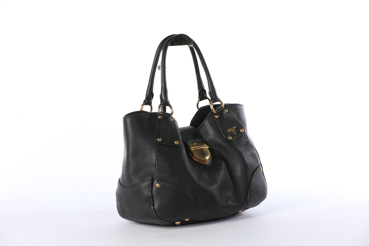 Prada Black Vitello Daino Shoulder Bag w Gold Hardware