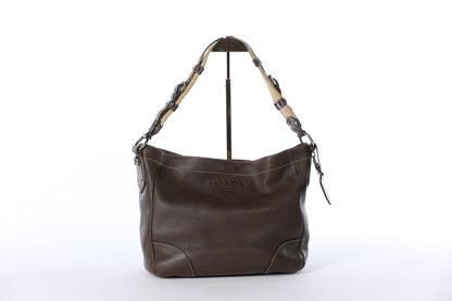 Prada 2000's Chocolate Brown Pebbled Leather Hobo Bag W Woven Strap