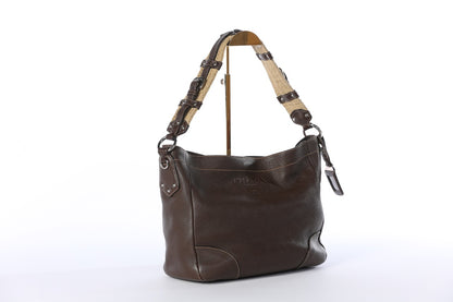 Prada 2000's Chocolate Brown Pebbled Leather Hobo Bag W Woven Strap