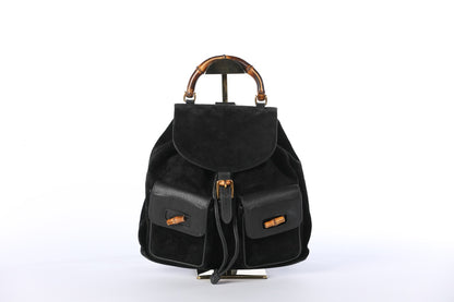 Gucci Black Bamboo Suede & Leather Drawstring Backpack