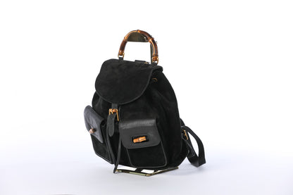 Gucci Black Bamboo Suede & Leather Drawstring Backpack