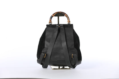 Gucci Black Bamboo Suede & Leather Drawstring Backpack