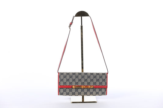 Gucci Navy, Beige & Red GG Monogram Bamboo Bar Canvas Clutch