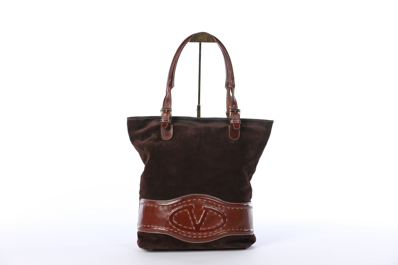 Valentino Brown Suede & Leather Shoulder Bag w Logo Stitching