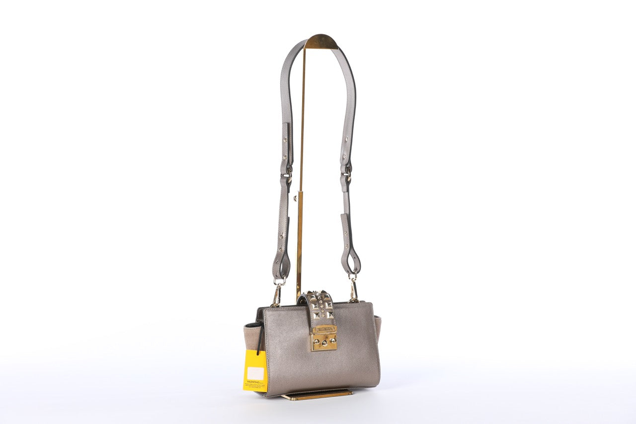 Valentino Silver Leather Rockstud Push Latch Crossbody Bag