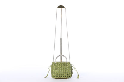 Salvatore Ferragamo Green Woven Leather and Canvas Mini Square Crossbody Tote w Metal Top Handle