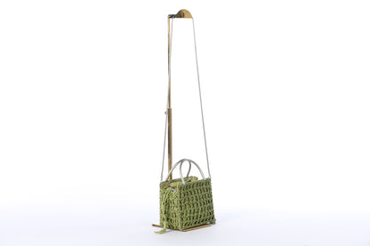 Salvatore Ferragamo Green Woven Leather and Canvas Mini Square Crossbody Tote w Metal Top Handle