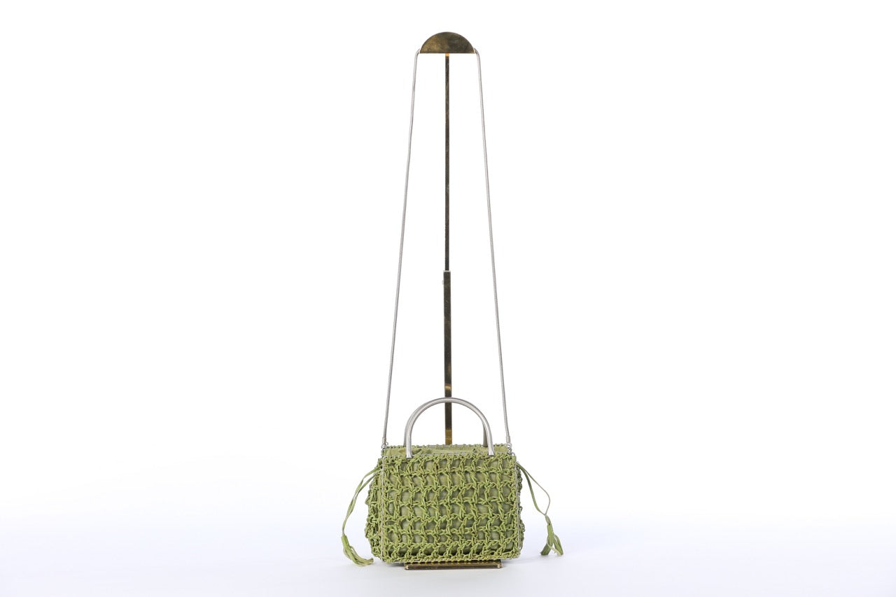 Salvatore Ferragamo Green Woven Leather and Canvas Mini Square Crossbody Tote w Metal Top Handle