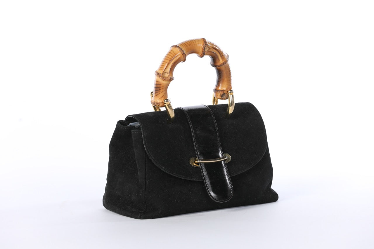 Di Marco Italy Black Suede Mini Bag w Large Bamboo Top Handle