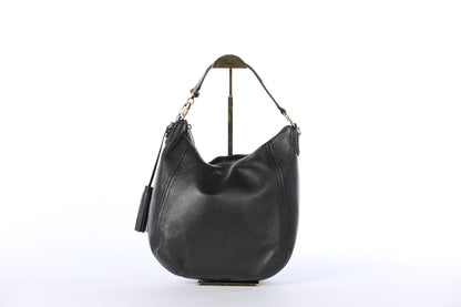 Michael Kors Black Leather Hobo Shoulder Bag w Logo Gold Hardware & Tassel