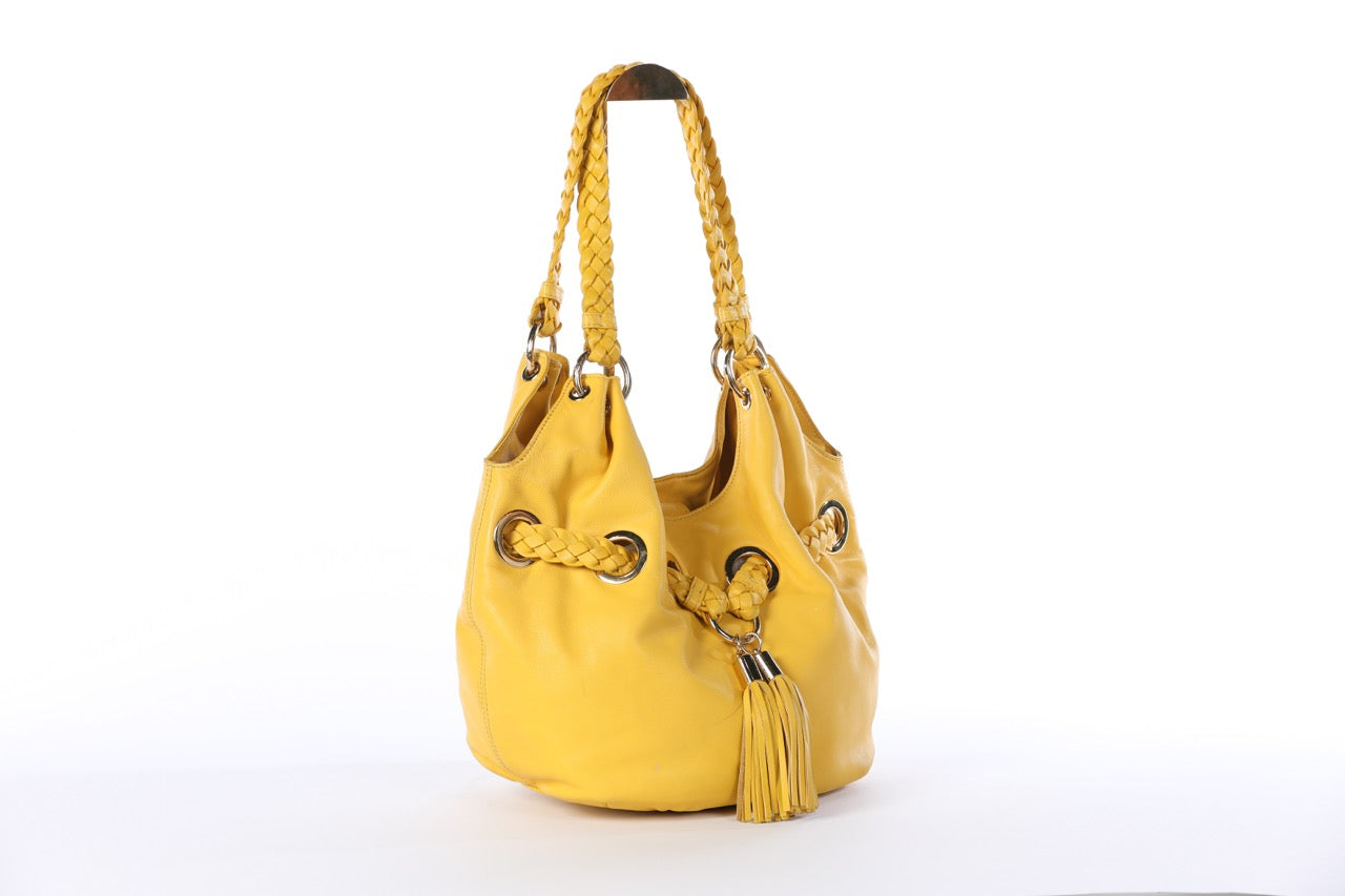 Michael Kors Yellow Large Buckle/Tote Bag w Braiding Details & Gold Hardware