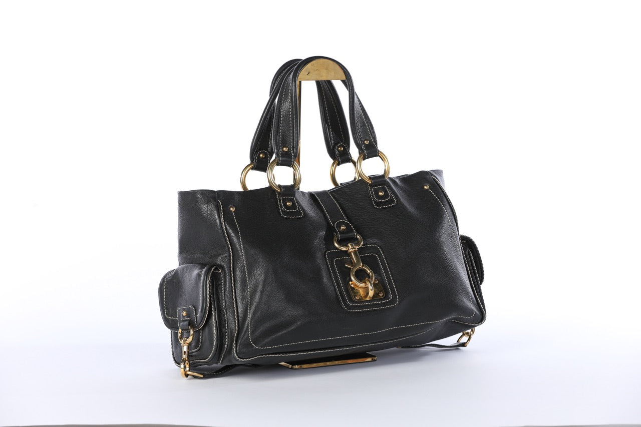 Marc Jacobs Black Leather Tote w Front Clip - Gold Hardware