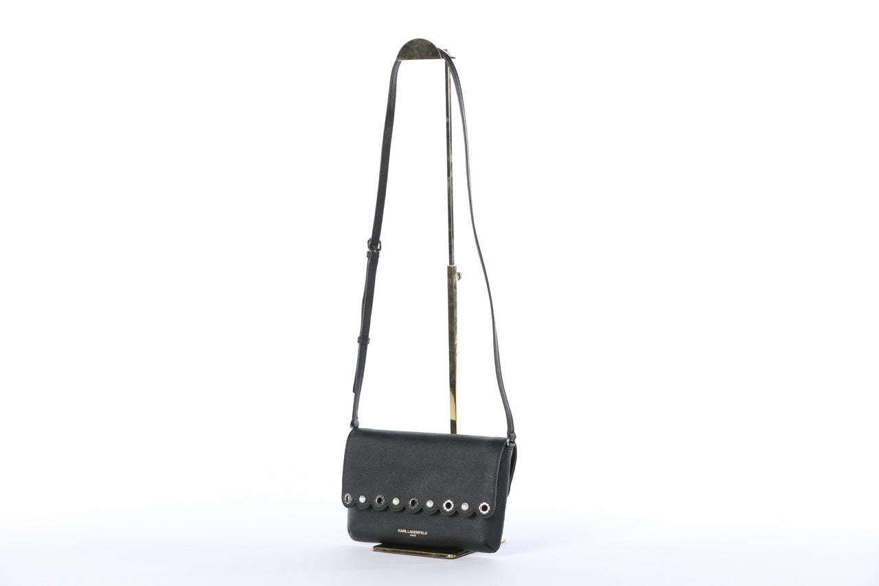 Karl Lagerfeld Leather Cross Body Bag w/ Pearl & Gold Grommet Details