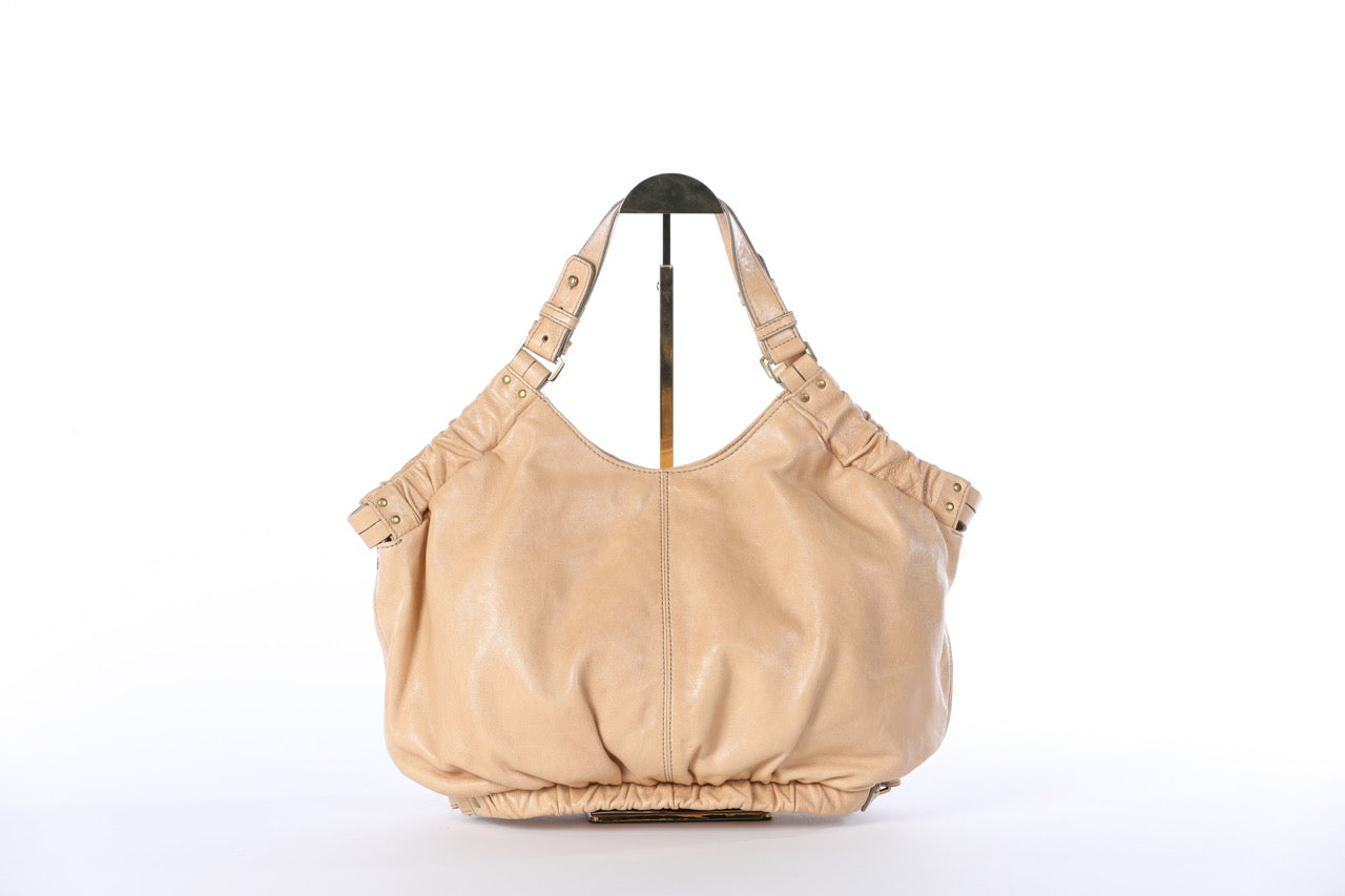 Kooba Tan Leather Shoulder Bag w/ Gold Hardware & Ruching Along Top