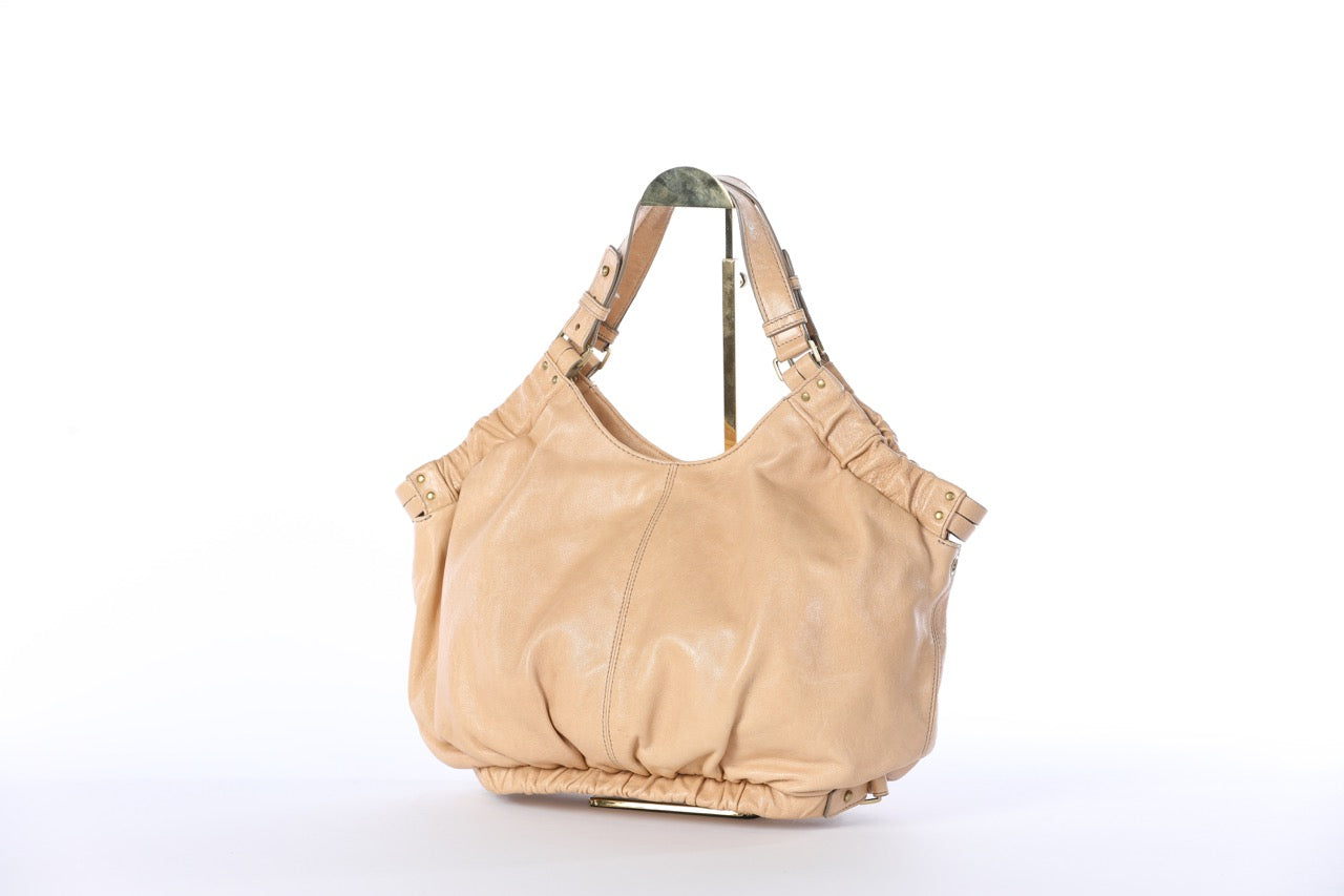 Kooba Tan Leather Shoulder Bag w/ Gold Hardware & Ruching Along Top